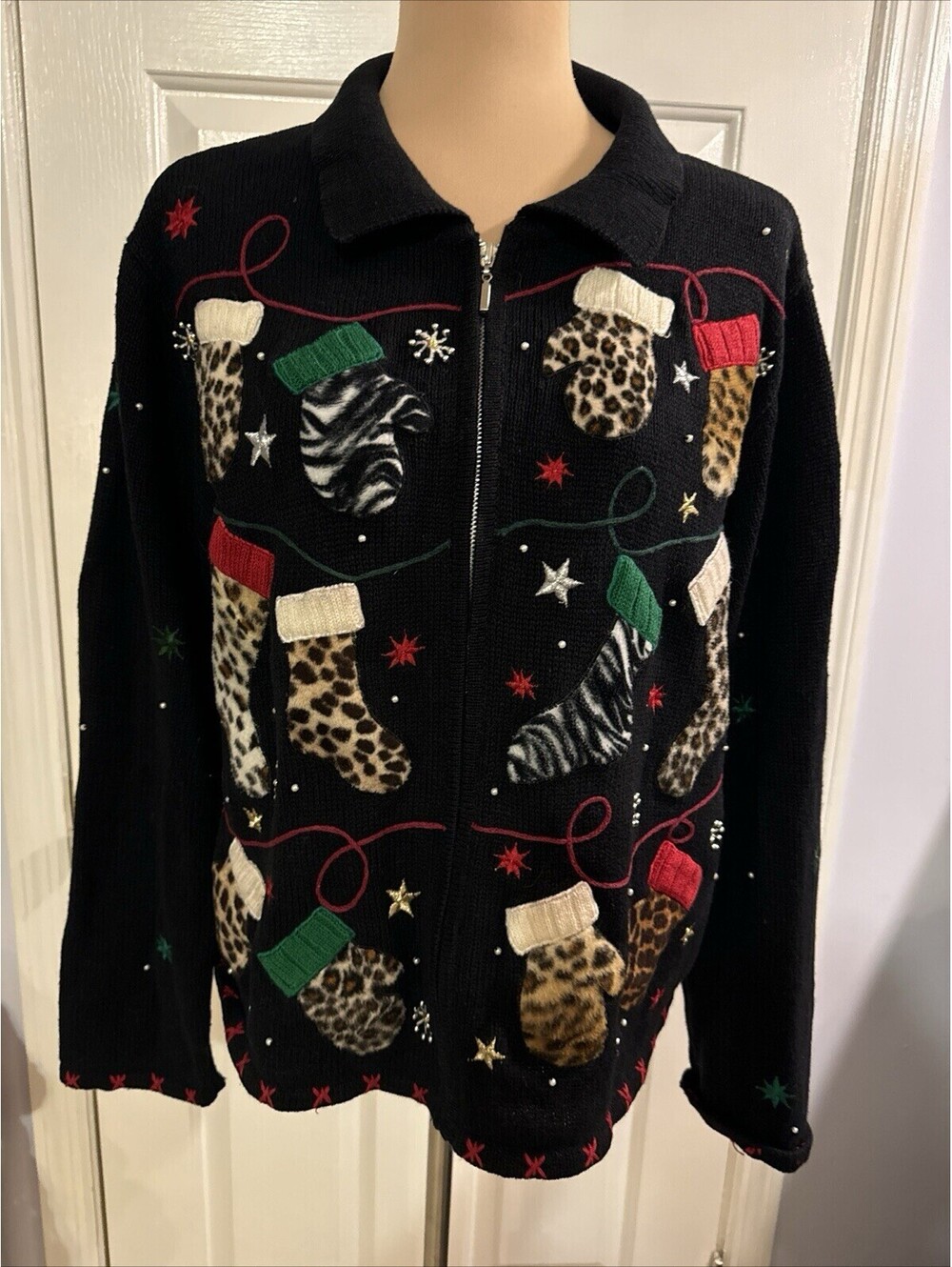 Designer Originals Studio Christmas Cardigan Sweater XL Zip Up animal prints